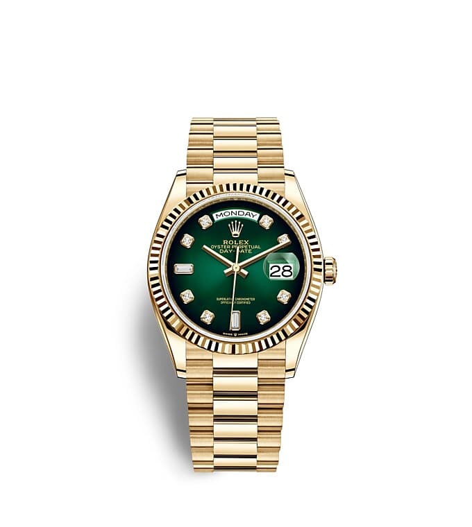 Rolex Day-Date | Day-Date 36 | Coloured dial | Green ombré dial | The Fluted Bezel | 18 ct yellow gold | Men Watch | Rolex Official Retailer - THE TIME PLACE SG