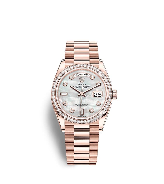 Rolex Day-Date | Day-Date 36 | Light dial | Mother-of-Pearl Dial | Diamond-Set Bezel | 18 ct Everose gold | Women Watch | Rolex Official Retailer - THE TIME PLACE SG