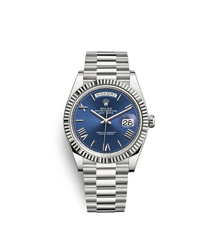 Rolex Day-Date | Day-Date 40 | Coloured dial | Bright blue dial | The Fluted Bezel | 18 ct white gold | Men Watch | Rolex Official Retailer - THE TIME PLACE SG