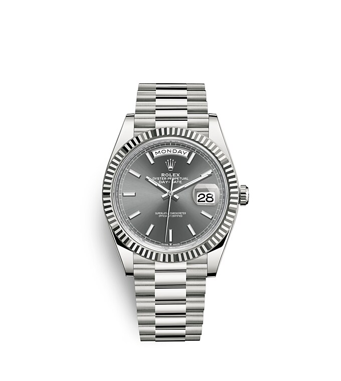 Rolex Day-Date | Day-Date 40 | Dark dial | Slate Dial | The Fluted Bezel | 18 ct white gold | Men Watch | Rolex Official Retailer - THE TIME PLACE SG