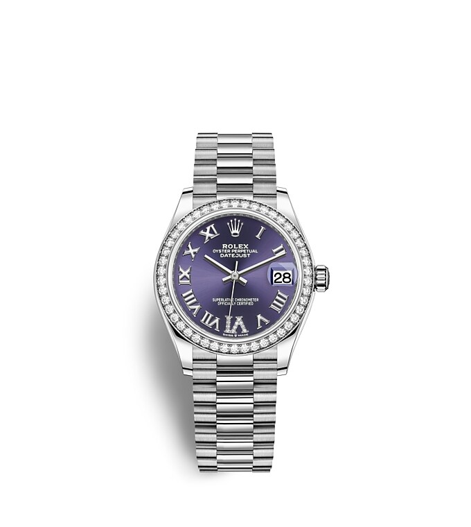 Rolex Datejust | Datejust 31 | Coloured dial | Aubergine Dial | Diamond-Set Bezel | 18 ct white gold | Women Watch | Rolex Official Retailer - THE TIME PLACE SG