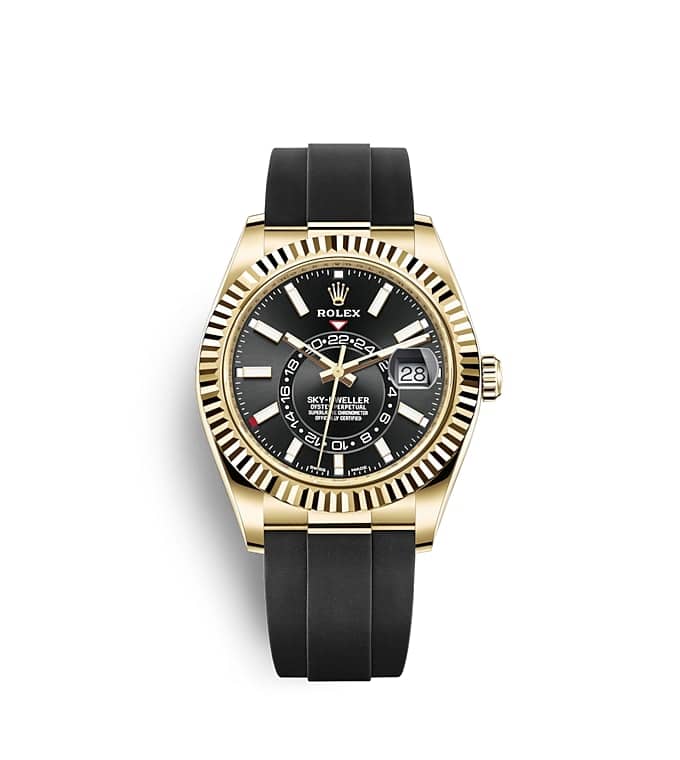 Rolex Sky-Dweller | Sky-Dweller | Dark dial | Bright black dial | The Fluted Bezel | 18 ct yellow gold | Men Watch | Rolex Official Retailer - THE TIME PLACE SG