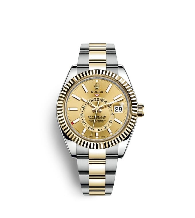 Rolex Sky-Dweller | Sky-Dweller | Coloured dial | Champagne-colour dial | The Fluted Bezel | Yellow Rolesor | Men Watch | Rolex Official Retailer - THE TIME PLACE SG