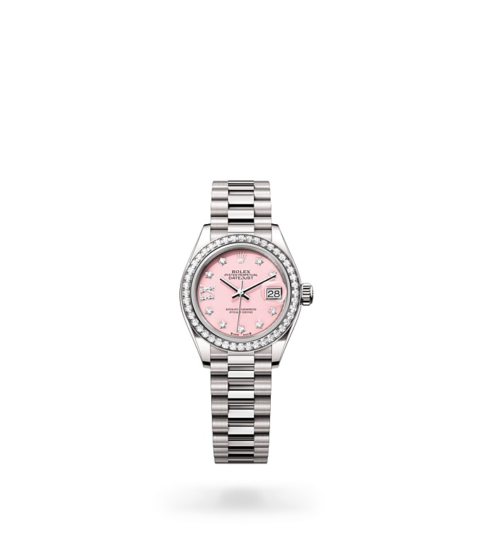 Rolex Lady-Datejust | Lady-Datejust | Coloured dial | Pink opal dial | Diamond-Set Bezel | 18 ct white gold | Women Watch | Rolex Official Retailer - THE TIME PLACE SG