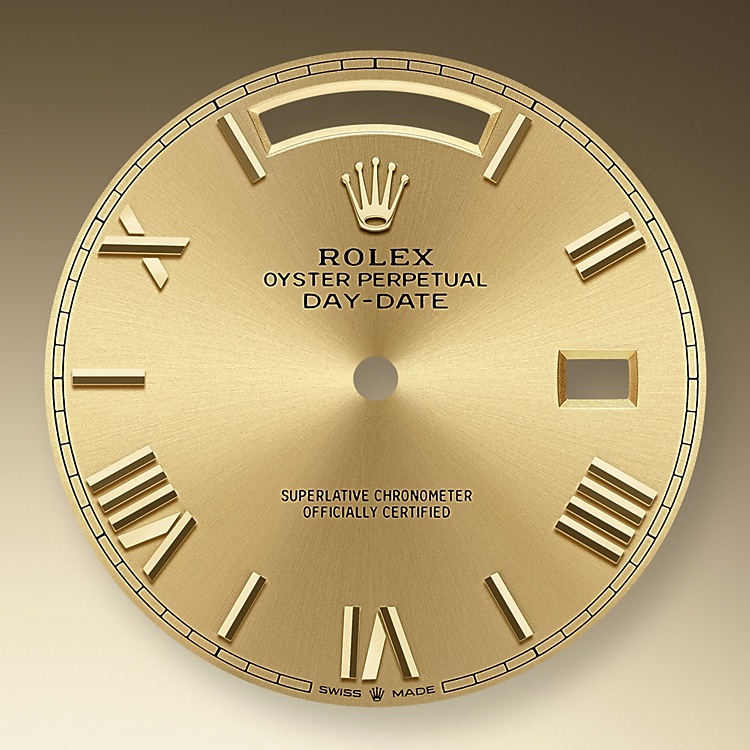 Rolex Day-Date | Day-Date 40 | Coloured dial | Champagne-colour dial | The Fluted Bezel | 18 ct yellow gold | Men Watch | Rolex Official Retailer - THE TIME PLACE SG