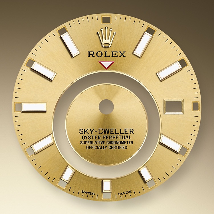 Rolex Sky-Dweller | Sky-Dweller | Coloured dial | Champagne-colour dial | The Fluted Bezel | 18 ct yellow gold | Men Watch | Rolex Official Retailer - THE TIME PLACE SG
