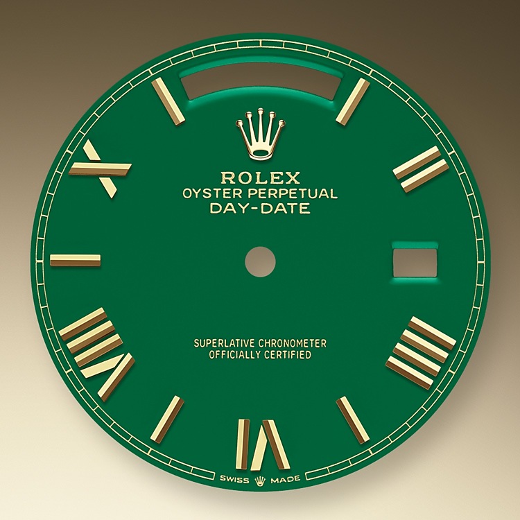 Rolex Day-Date | Day-Date 40 | Coloured dial | Green Dial | The Fluted Bezel | 18 ct yellow gold | Men Watch | Rolex Official Retailer - THE TIME PLACE SG