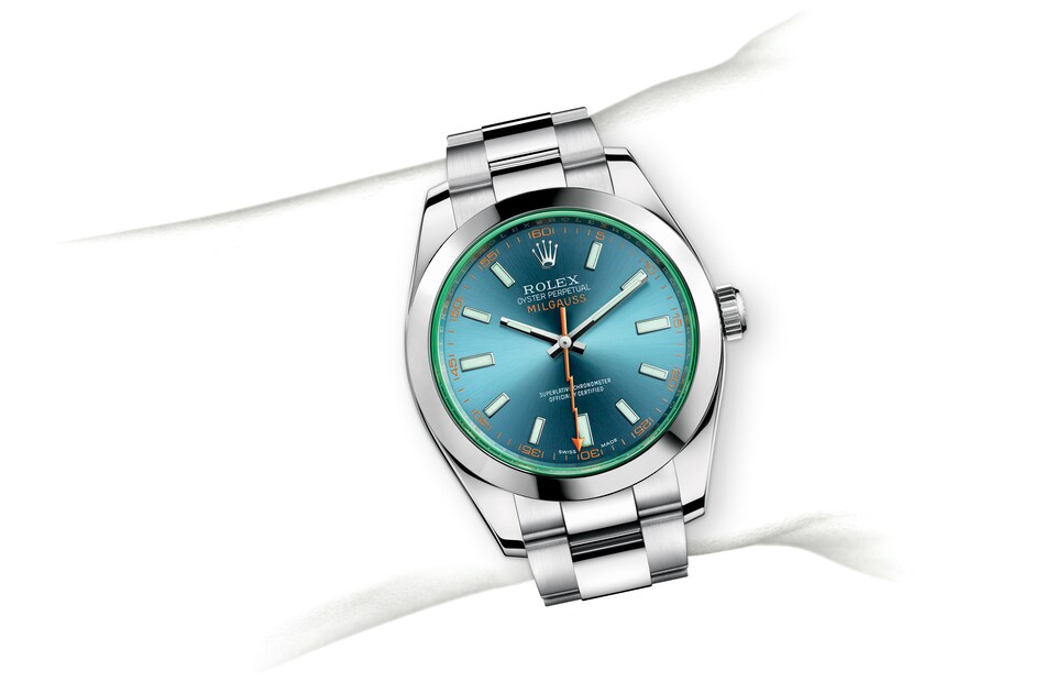 Rolex Milgauss | Milgauss | Coloured dial | Green sapphire crystal | Z-Blue Dial | Oystersteel | Men Watch | Rolex Official Retailer - THE TIME PLACE SG