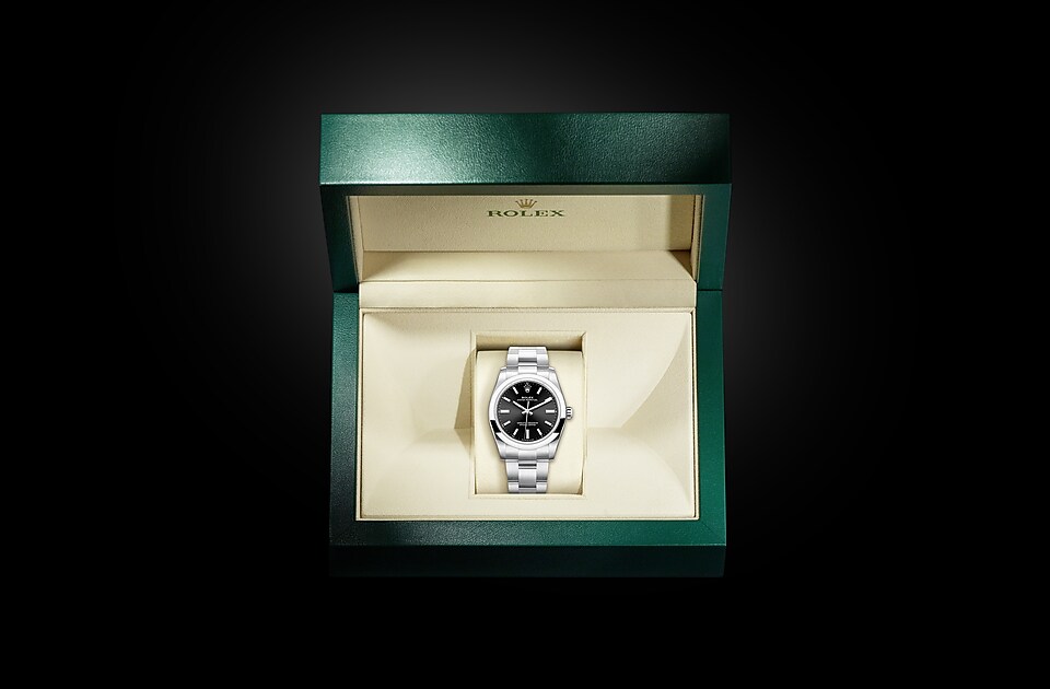 Rolex Oyster Perpetual | Oyster Perpetual 34 | Dark dial | Bright black dial | Oystersteel | The Oyster bracelet | Women Watch | Rolex Official Retailer - THE TIME PLACE SG