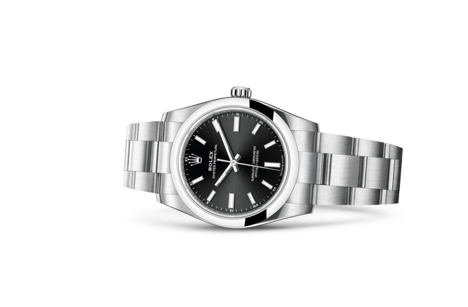 Rolex Oyster Perpetual | Oyster Perpetual 34 | Dark dial | Bright black dial | Oystersteel | The Oyster bracelet | Women Watch | Rolex Official Retailer - THE TIME PLACE SG