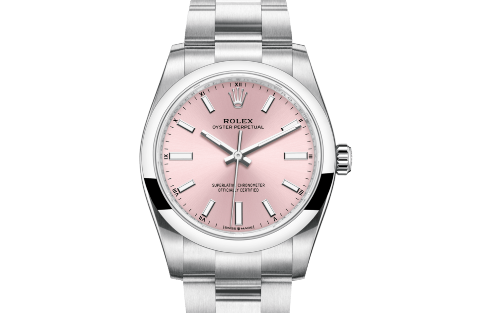 Rolex Oyster Perpetual | Oyster Perpetual 34 | Coloured dial | Pink Dial | Oystersteel | The Oyster bracelet | Women Watch | Rolex Official Retailer - THE TIME PLACE SG