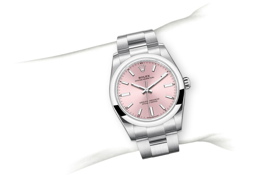 Rolex Oyster Perpetual | Oyster Perpetual 34 | Coloured dial | Pink Dial | Oystersteel | The Oyster bracelet | Women Watch | Rolex Official Retailer - THE TIME PLACE SG