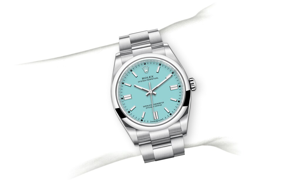 Rolex Oyster Perpetual | Oyster Perpetual 36 | Coloured dial | Turquoise blue dial | Oystersteel | The Oyster bracelet | Men Watch | Rolex Official Retailer - THE TIME PLACE SG