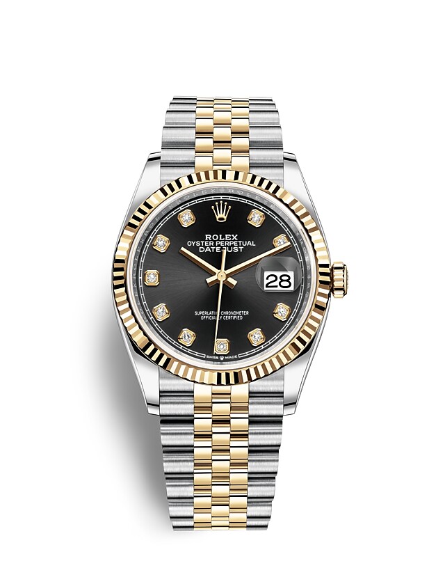 Rolex Datejust | Datejust 36 | Dark dial | Bright black dial | The Fluted Bezel | Yellow Rolesor | Men Watch | Rolex Official Retailer - THE TIME PLACE SG