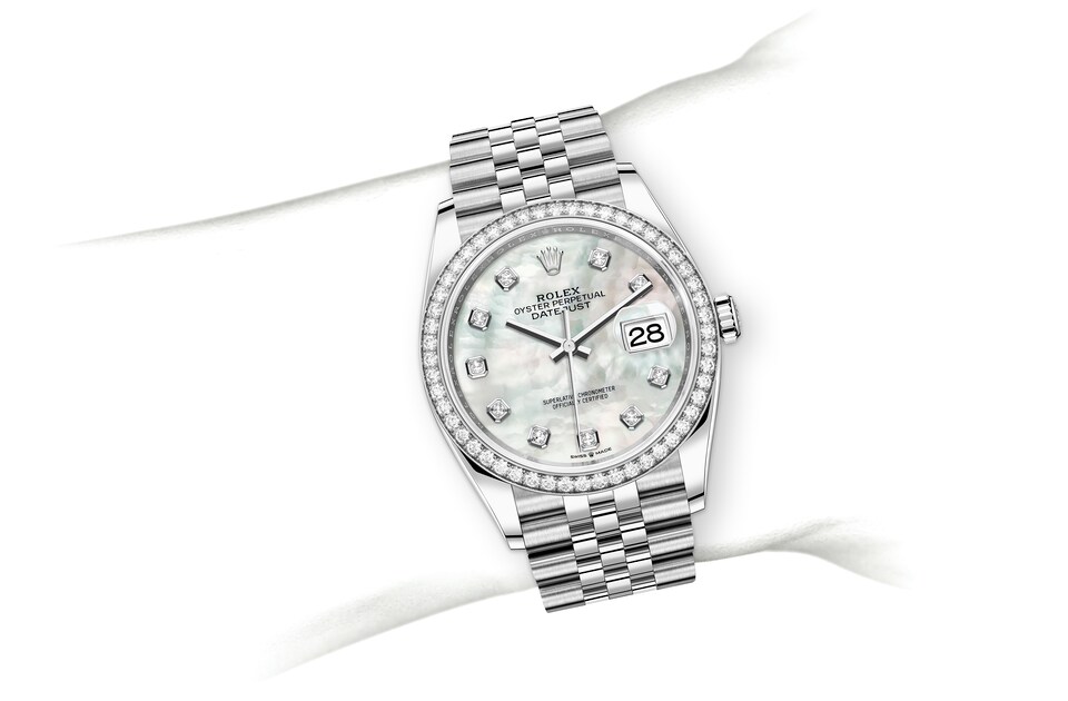 Rolex Datejust | Datejust 36 | Light dial | Mother-of-Pearl Dial | Diamond-Set Bezel | White Rolesor | Women Watch | Rolex Official Retailer - THE TIME PLACE SG