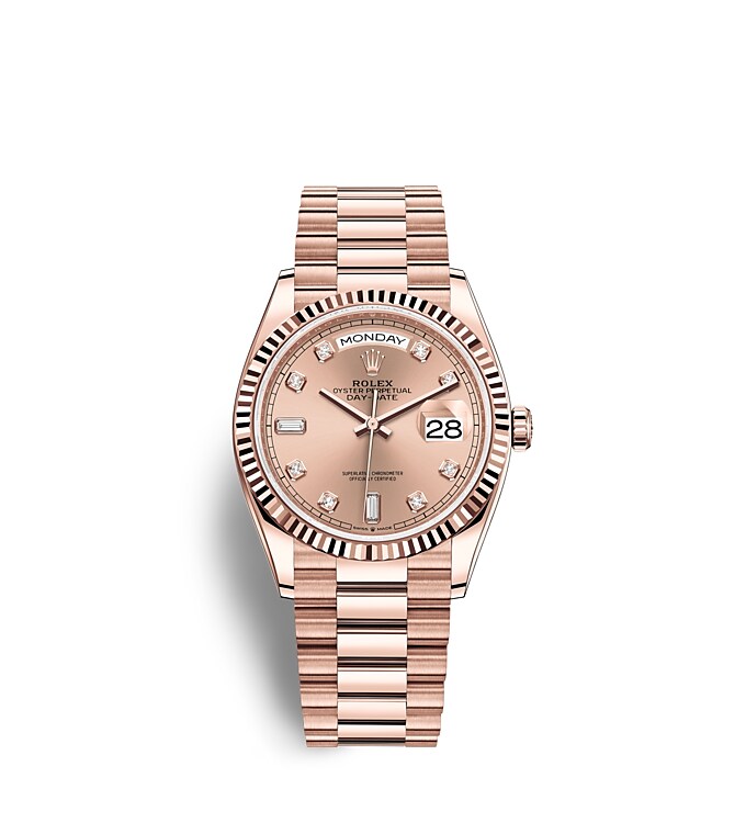 Rolex Day-Date | Day-Date 36 | Coloured dial | Rosé-colour dial | The Fluted Bezel | 18 ct Everose gold | Men Watch | Rolex Official Retailer - THE TIME PLACE SG