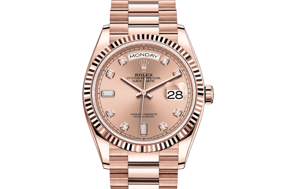 Rolex Day-Date | Day-Date 36 | Coloured dial | Rosé-colour dial | The Fluted Bezel | 18 ct Everose gold | Men Watch | Rolex Official Retailer - THE TIME PLACE SG