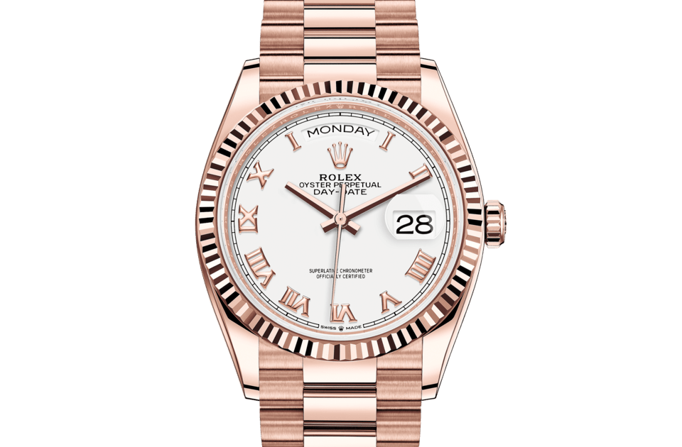 Rolex Day-Date | Day-Date 36 | Light dial | The Fluted Bezel | White dial | 18 ct Everose gold | Men Watch | Rolex Official Retailer - THE TIME PLACE SG