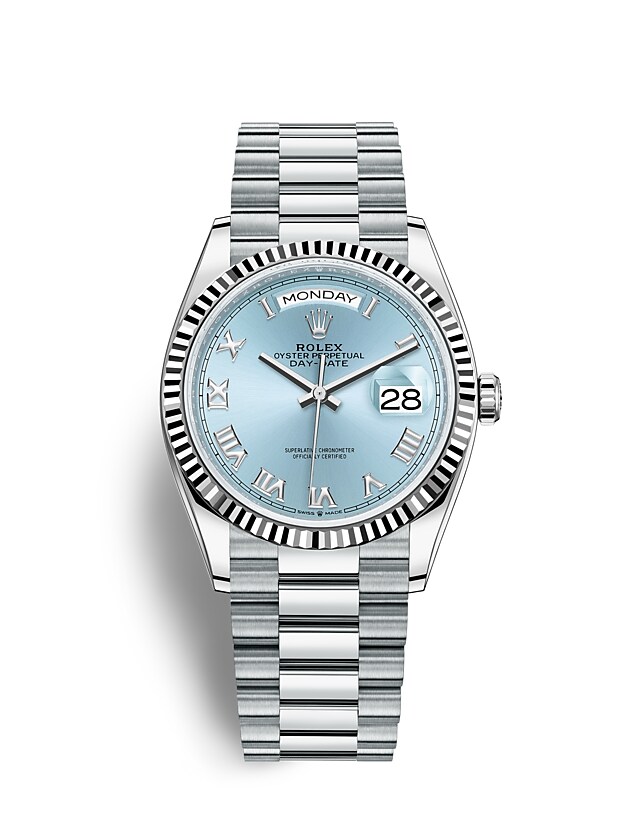 Rolex Day-Date | Day-Date 36 | Coloured dial | Ice-Blue Dial | The Fluted Bezel | Platinum | Men Watch | Rolex Official Retailer - THE TIME PLACE SG