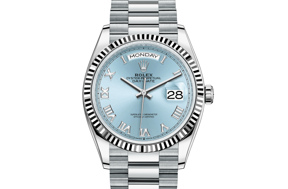 Rolex Day-Date | Day-Date 36 | Coloured dial | Ice-Blue Dial | The Fluted Bezel | Platinum | Men Watch | Rolex Official Retailer - THE TIME PLACE SG