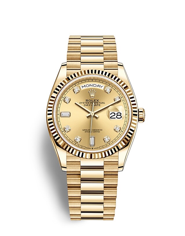 Rolex Day-Date | Day-Date 36 | Coloured dial | Champagne-colour dial | The Fluted Bezel | 18 ct yellow gold | Men Watch | Rolex Official Retailer - THE TIME PLACE SG