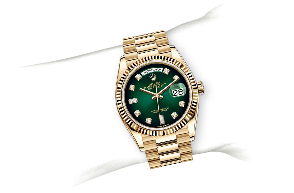 Rolex Day-Date | Day-Date 36 | Coloured dial | Green ombré dial | The Fluted Bezel | 18 ct yellow gold | Men Watch | Rolex Official Retailer - THE TIME PLACE SG