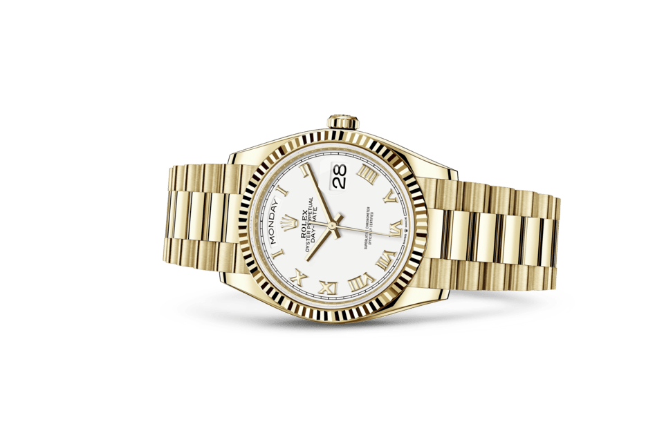 Rolex Day-Date | Day-Date 36 | Light dial | The Fluted Bezel | White dial | 18 ct yellow gold | Men Watch | Rolex Official Retailer - THE TIME PLACE SG