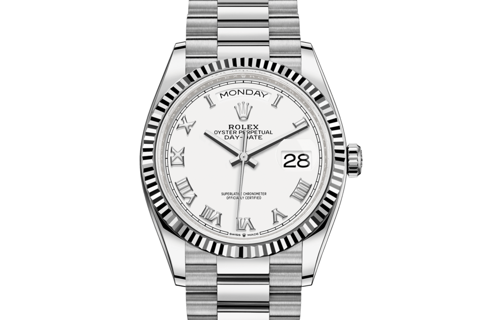 Rolex Day-Date | Day-Date 36 | Light dial | The Fluted Bezel | White dial | 18 ct white gold | Men Watch | Rolex Official Retailer - THE TIME PLACE SG