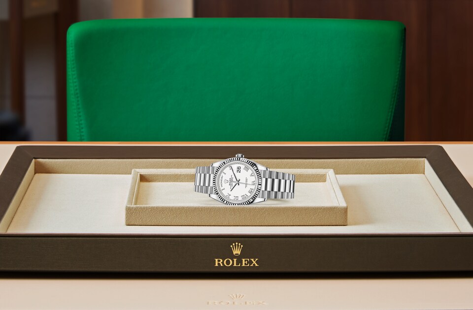 Rolex Day-Date | Day-Date 36 | Light dial | The Fluted Bezel | White dial | 18 ct white gold | Men Watch | Rolex Official Retailer - THE TIME PLACE SG