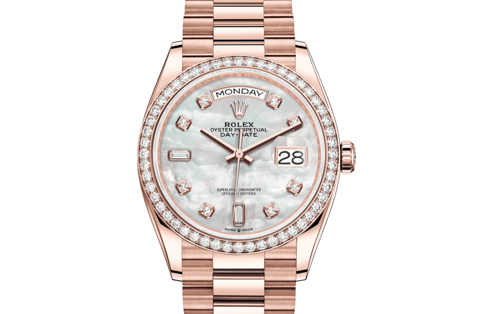 Rolex Day-Date | Day-Date 36 | Gem-set dial | Mother-of-Pearl Dial | Diamond-Set Bezel | 18 ct Everose gold | Women Watch | Rolex Official Retailer - THE TIME PLACE SG