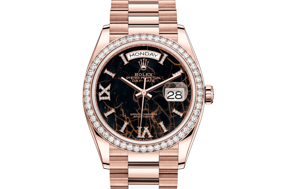 Rolex Day-Date | Day-Date 36 | Dark dial | Eisenkiesel dial | Diamond-Set Bezel | 18 ct Everose gold | Women Watch | Rolex Official Retailer - THE TIME PLACE SG