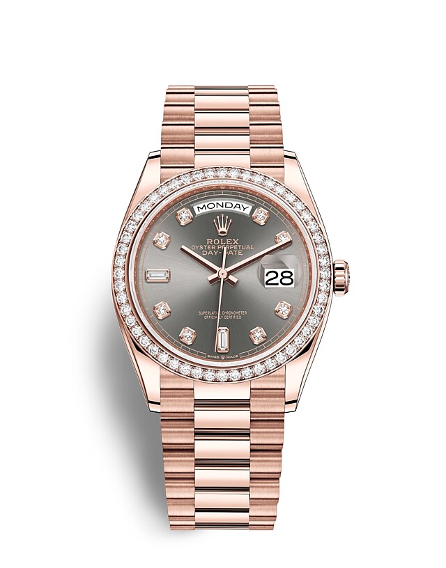 Rolex Day-Date | Day-Date 36 | Dark dial | Slate Dial | Diamond-Set Bezel | 18 ct Everose gold | Women Watch | Rolex Official Retailer - THE TIME PLACE SG