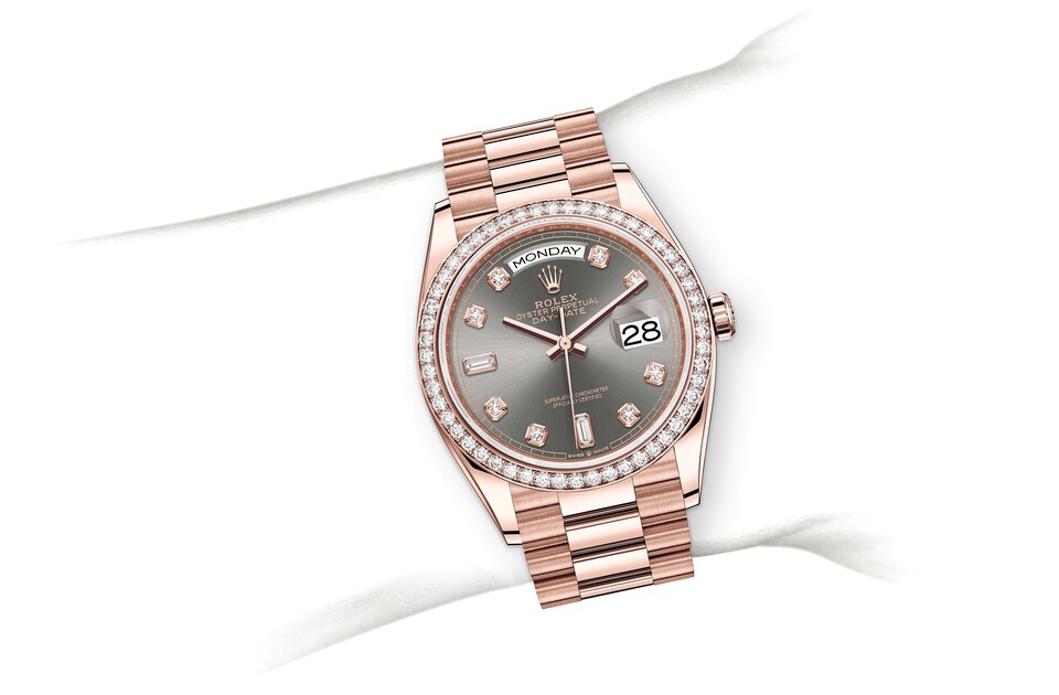 Rolex Day-Date | Day-Date 36 | Dark dial | Slate Dial | Diamond-Set Bezel | 18 ct Everose gold | Women Watch | Rolex Official Retailer - THE TIME PLACE SG