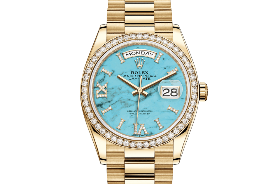 Rolex Day-Date | Day-Date 36 | Coloured dial | Turquoise Dial | Diamond-Set Bezel | 18 ct yellow gold | Women Watch | Rolex Official Retailer - THE TIME PLACE SG