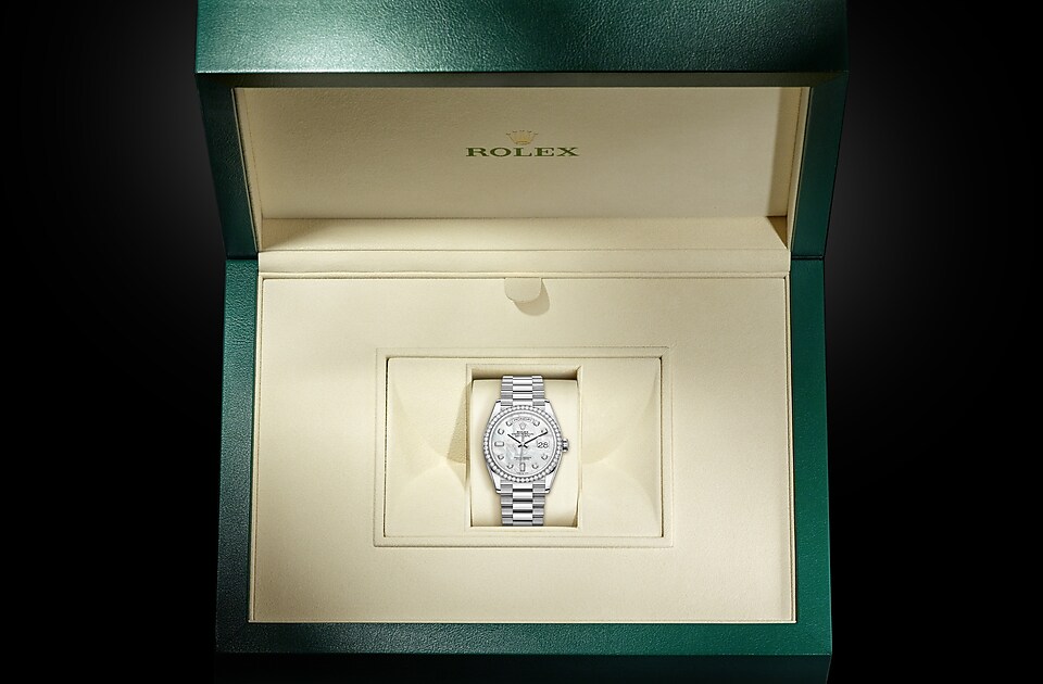 Rolex Day-Date | Day-Date 36 | Gem-set dial | Mother-of-Pearl Dial | Diamond-Set Bezel | 18 ct white gold | Women Watch | Rolex Official Retailer - THE TIME PLACE SG
