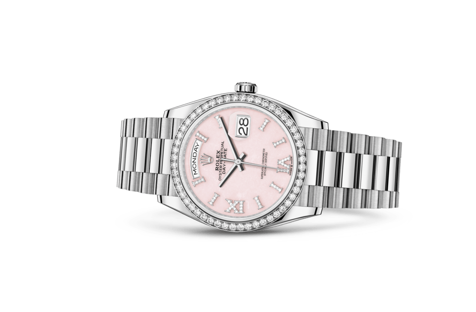 Rolex Day-Date | Day-Date 36 | Coloured dial | Pink opal dial | Diamond-Set Bezel | 18 ct white gold | Women Watch | Rolex Official Retailer - THE TIME PLACE SG