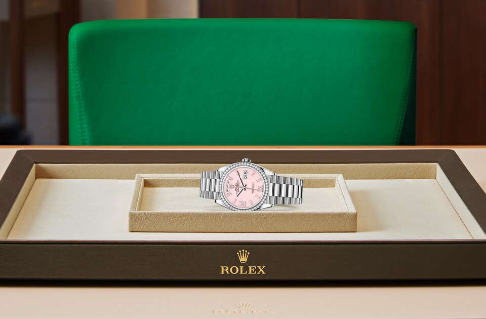 Rolex Day-Date | Day-Date 36 | Coloured dial | Pink opal dial | Diamond-Set Bezel | 18 ct white gold | Women Watch | Rolex Official Retailer - THE TIME PLACE SG