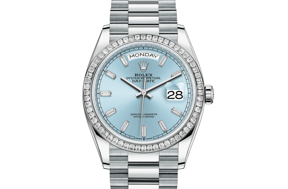 Rolex Day-Date | Day-Date 36 | Coloured dial | Ice-Blue Dial | Diamond-Set Bezel | Platinum | Women Watch | Rolex Official Retailer - THE TIME PLACE SG