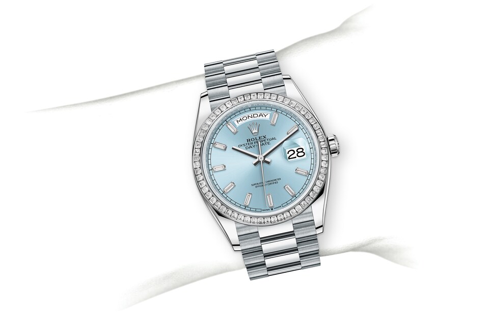 Rolex Day-Date | Day-Date 36 | Coloured dial | Ice-Blue Dial | Diamond-Set Bezel | Platinum | Women Watch | Rolex Official Retailer - THE TIME PLACE SG