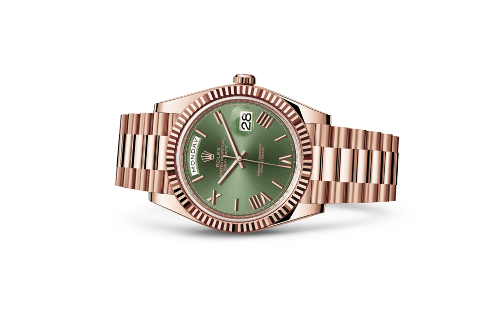 Rolex Day-Date | Day-Date 40 | Coloured dial | Olive-Green Dial | The Fluted Bezel | 18 ct Everose gold | Men Watch | Rolex Official Retailer - THE TIME PLACE SG