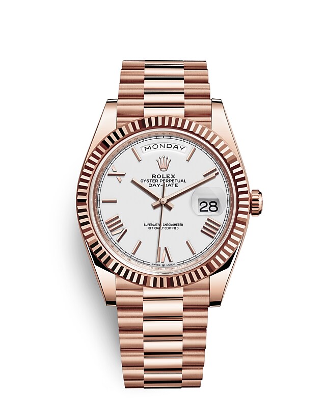 Rolex Day-Date | Day-Date 40 | Light dial | The Fluted Bezel | White dial | 18 ct Everose gold | Men Watch | Rolex Official Retailer - THE TIME PLACE SG