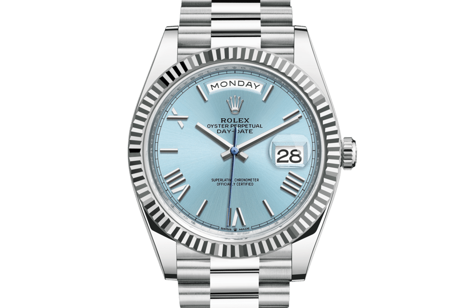 Rolex Day-Date | Day-Date 40 | Coloured dial | Ice-Blue Dial | The Fluted Bezel | Platinum | Men Watch | Rolex Official Retailer - THE TIME PLACE SG