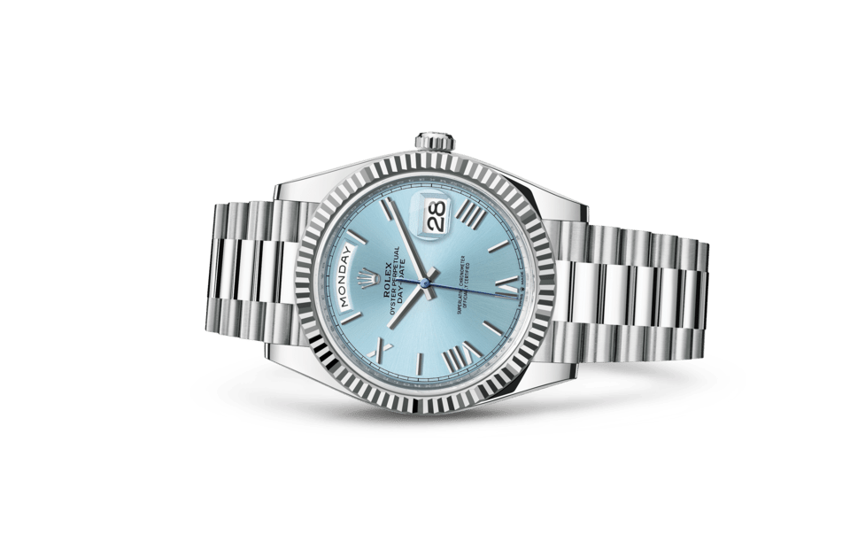 Rolex Day-Date | Day-Date 40 | Coloured dial | Ice-Blue Dial | The Fluted Bezel | Platinum | Men Watch | Rolex Official Retailer - THE TIME PLACE SG
