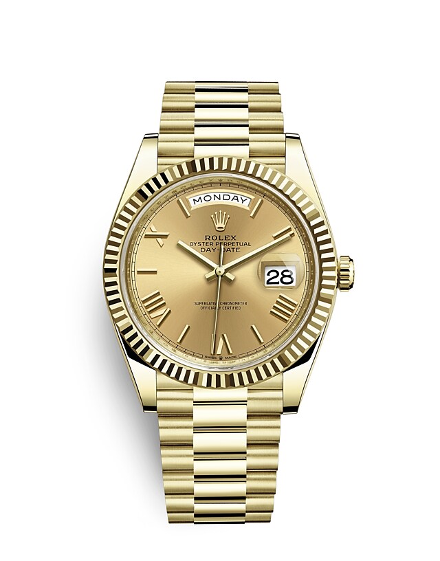 Rolex Day-Date | Day-Date 40 | Coloured dial | Champagne-colour dial | The Fluted Bezel | 18 ct yellow gold | Men Watch | Rolex Official Retailer - THE TIME PLACE SG