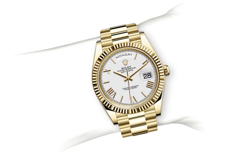 Rolex Day-Date | Day-Date 40 | Light dial | The Fluted Bezel | White dial | 18 ct yellow gold | Men Watch | Rolex Official Retailer - THE TIME PLACE SG