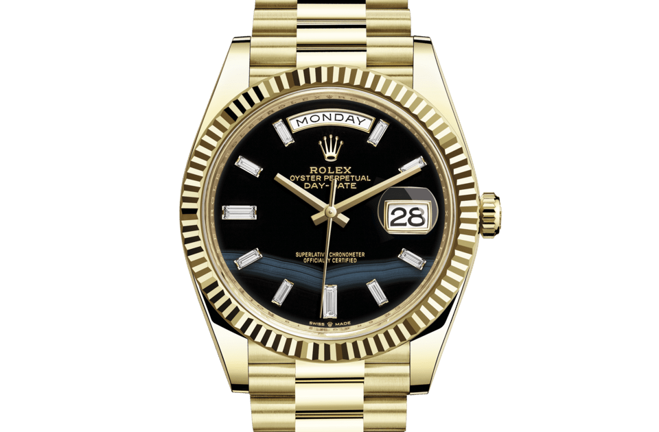 Rolex Day-Date | Day-Date 40 | Dark dial | Onyx dial | The Fluted Bezel | 18 ct yellow gold | Men Watch | Rolex Official Retailer - THE TIME PLACE SG