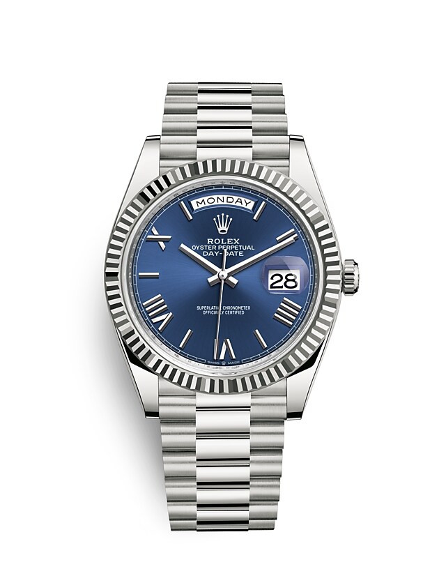 Rolex Day-Date | Day-Date 40 | Coloured dial | Bright blue dial | The Fluted Bezel | 18 ct white gold | Men Watch | Rolex Official Retailer - THE TIME PLACE SG