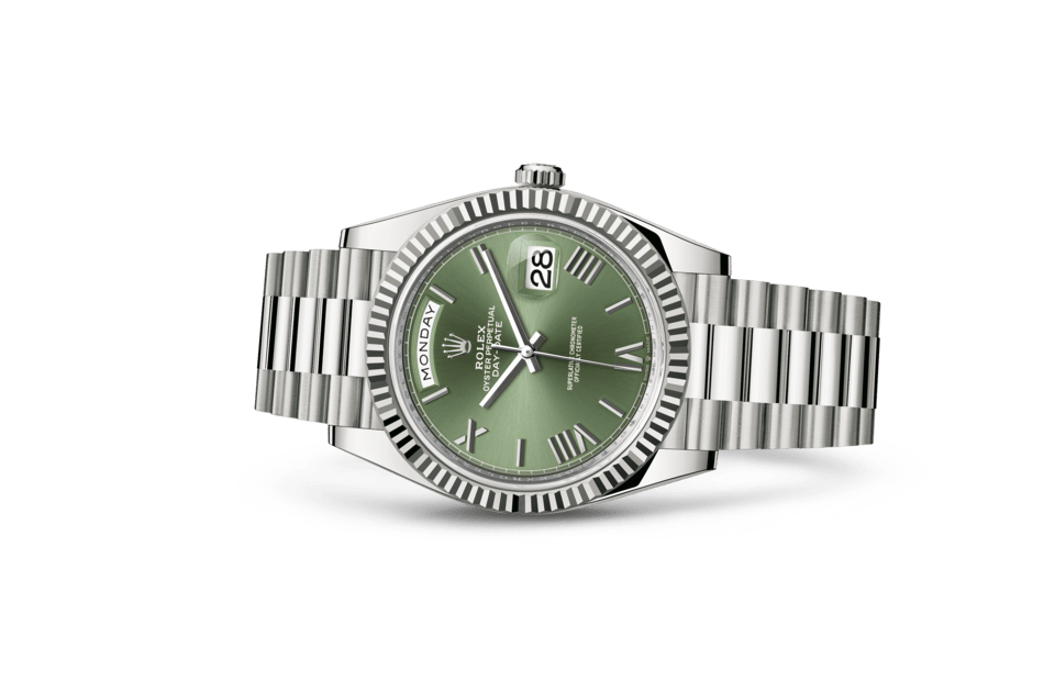 Rolex Day-Date | Day-Date 40 | Coloured dial | Olive-Green Dial | The Fluted Bezel | 18 ct white gold | Men Watch | Rolex Official Retailer - THE TIME PLACE SG
