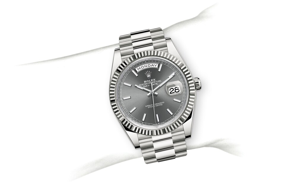 Rolex Day-Date | Day-Date 40 | Dark dial | Slate Dial | The Fluted Bezel | 18 ct white gold | Men Watch | Rolex Official Retailer - THE TIME PLACE SG