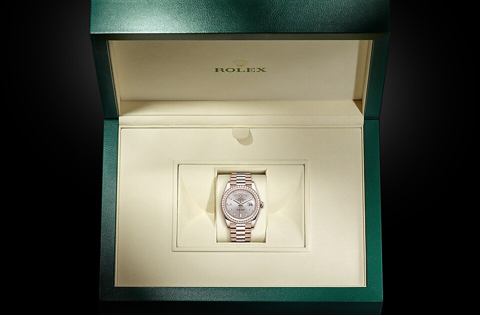 Rolex Day-Date | Day-Date 40 | Light dial | Sundust Dial | Diamond-Set Bezel | 18 ct Everose gold | Men Watch | Rolex Official Retailer - THE TIME PLACE SG
